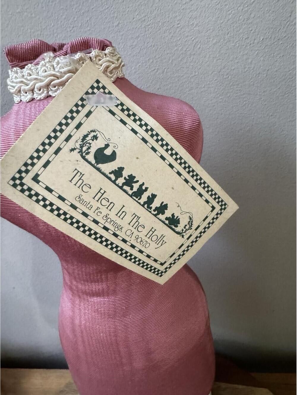 Vintage The Hen In The Holly Dress Form Pin Cushion Mannequin Pink Silk Decor